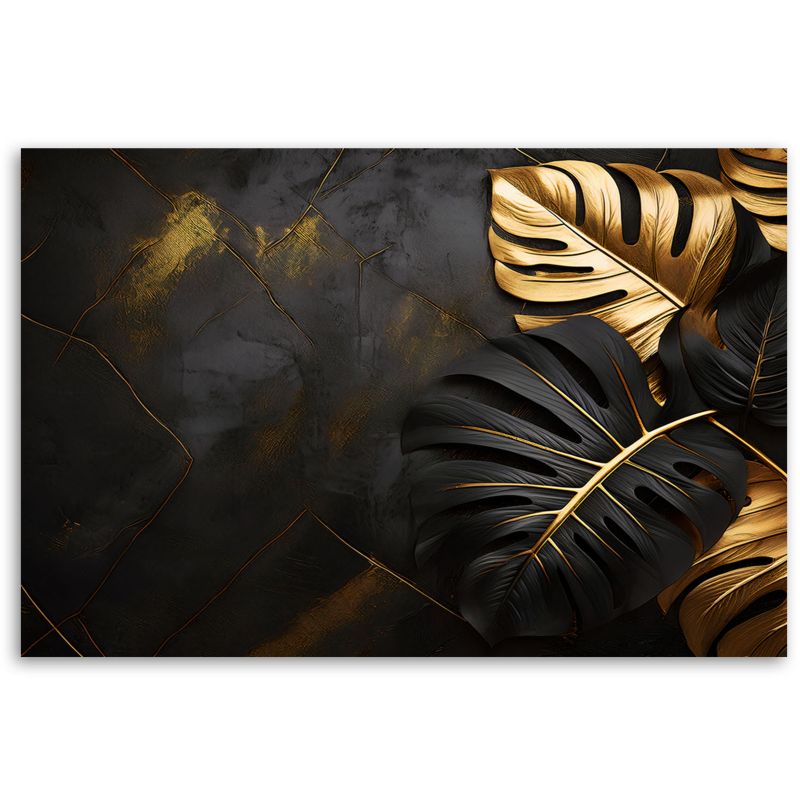 Obraz do salonu sypialni Feeby Liście Monstery Złoto Czarne Tło 100x70 cm 1szt