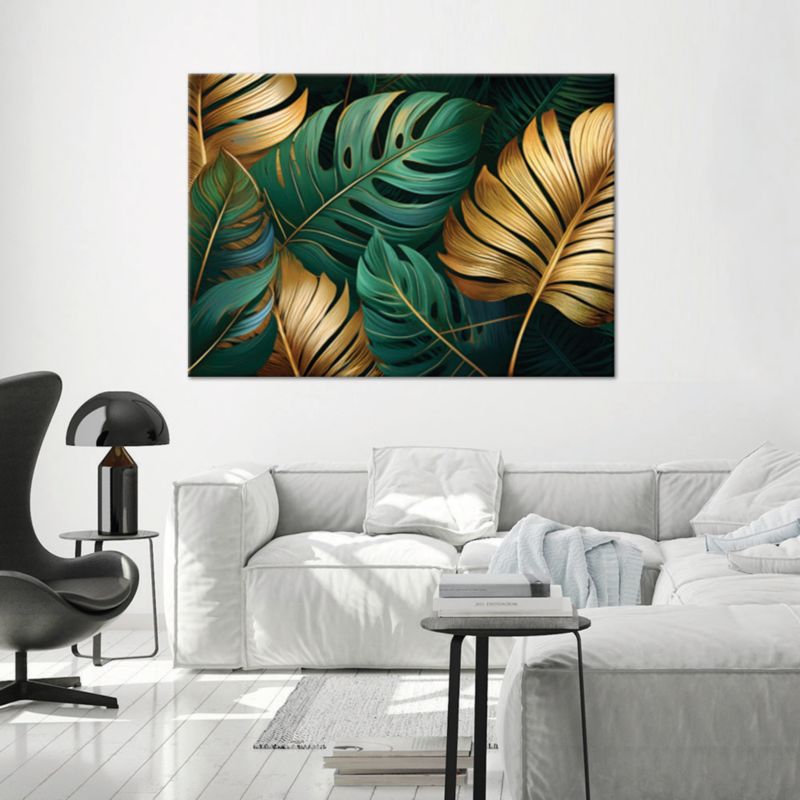 Obraz do salonu sypialni Feeby Liście Monstery Złoty Zielony 100x70 cm 1szt