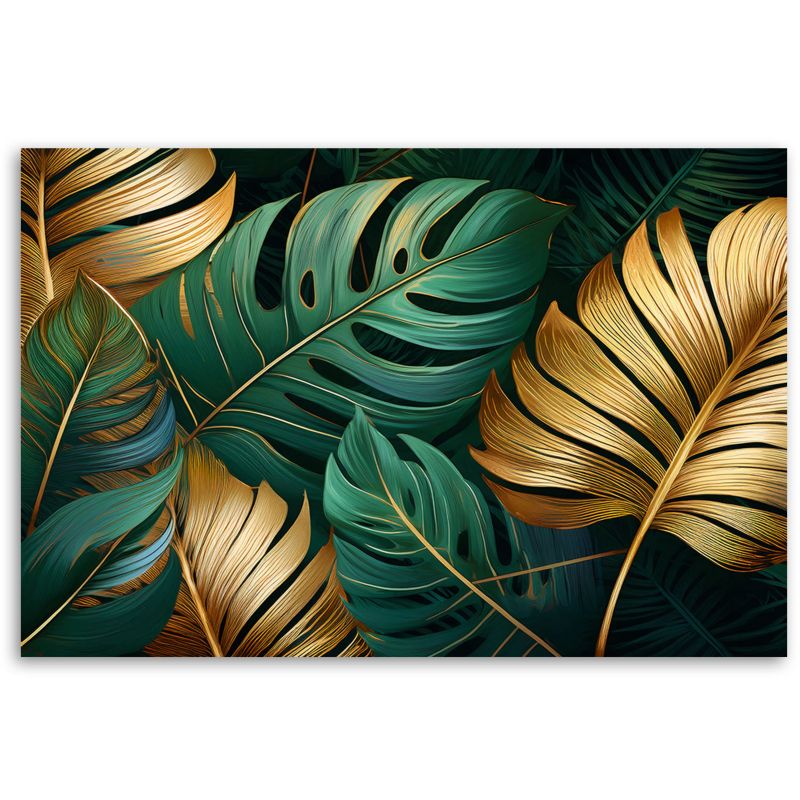 Obraz do salonu sypialni Feeby Liście Monstery Złoty Zielony 120x80 cm 1szt