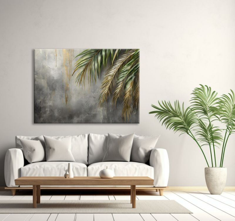 Obraz do salonu sypialni Feeby Liście Palmy na tle betonu 100x70 cm 1szt