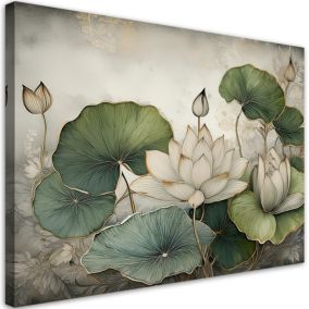 Obraz do salonu sypialni Feeby Lilie wodne Kwiaty Zielony 100x70 cm 1szt