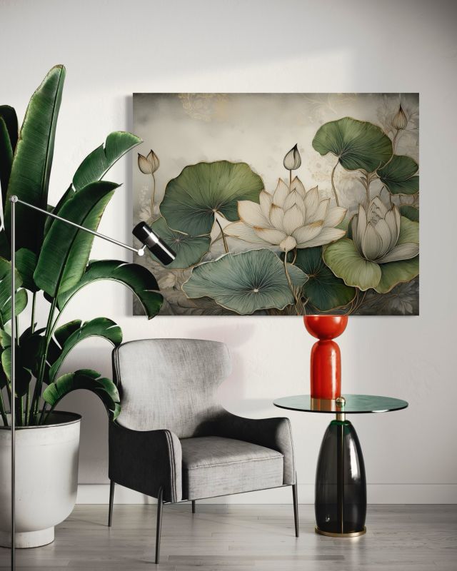 Obraz do salonu sypialni Feeby Lilie wodne Kwiaty Zielony 100x70 cm 1szt
