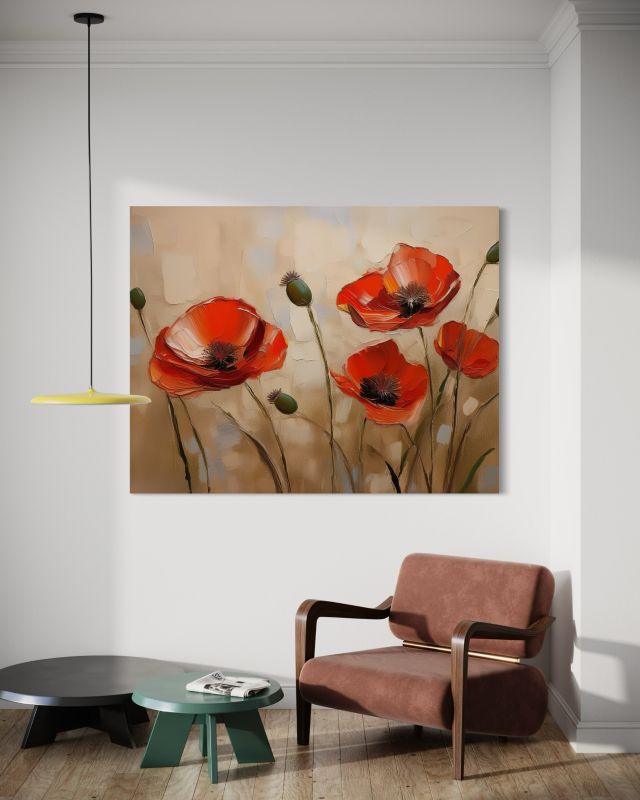 Obraz do salonu sypialni Feeby Malowane Maki Beżowy 100x70 cm 1szt