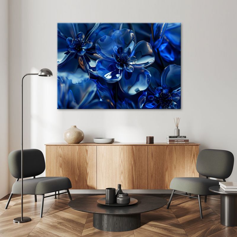 Obraz do salonu sypialni Feeby Niebieskie Szklane Kwiaty 100x70 cm 1szt