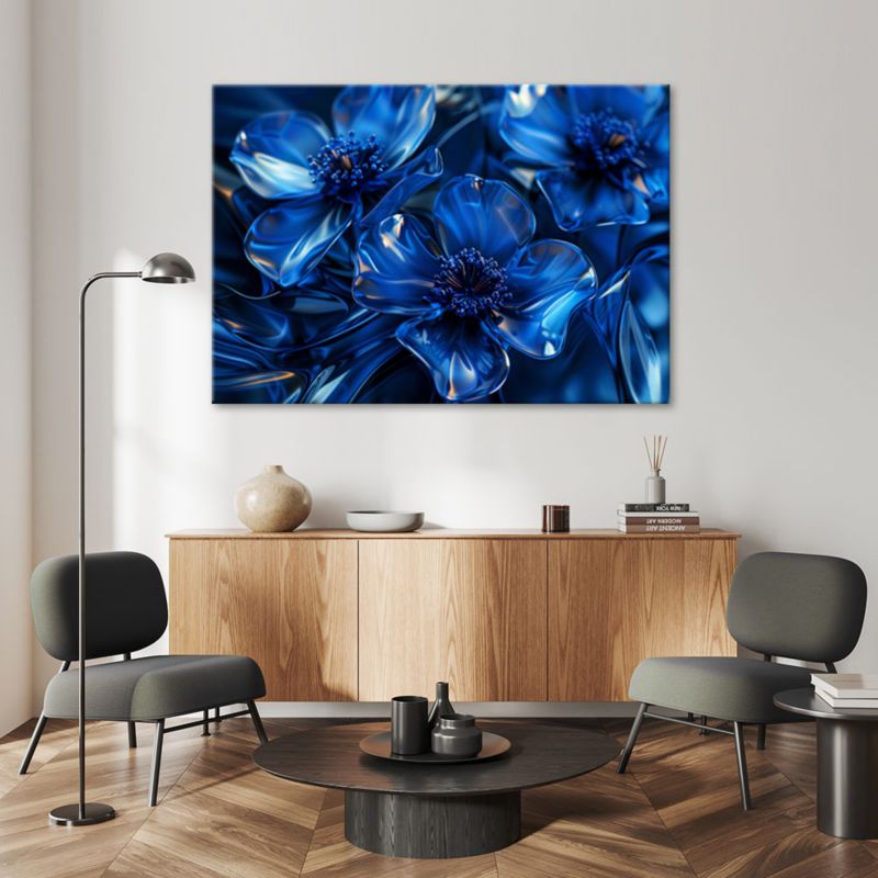 Obraz do salonu sypialni Feeby Niebieskie Szklane Kwiaty Makro 120x80 cm 1szt