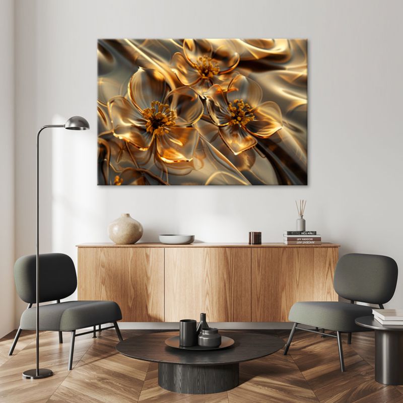 Obraz do salonu sypialni Feeby Nowoczesne Szklane Kwiaty w złocie 120x80 cm 1szt
