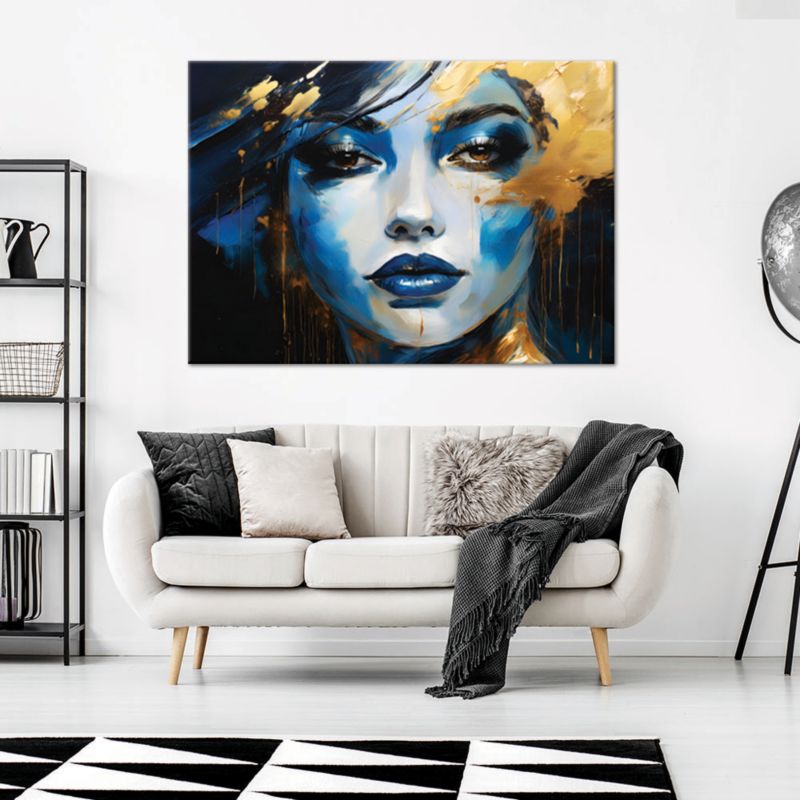 Obraz do salonu sypialni Feeby Portret Kobiety Glamour Niebieski Złoty 100x70 cm 1szt