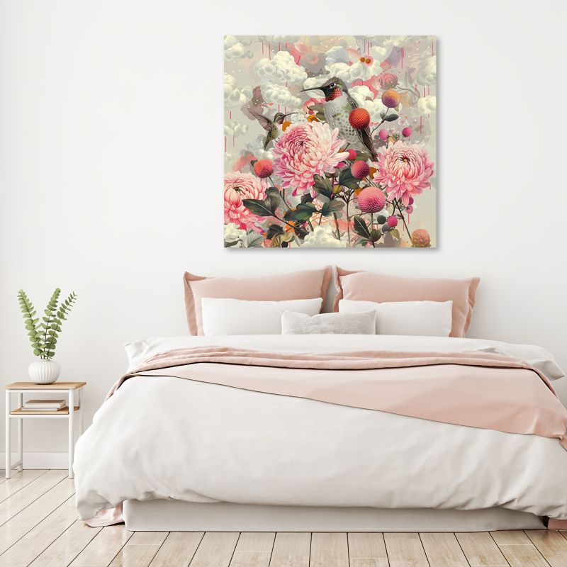 Obraz do salonu sypialni Feeby Shabby chic Kwiaty Ptaki Różowy 30x30 cm 1szt