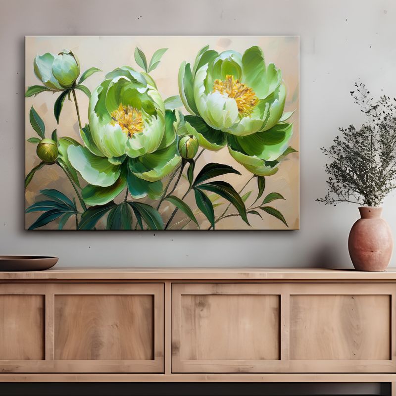 Obraz do salonu sypialni Feeby Stylowe Zielone Kwiaty Piwonii 60x40 cm 1 szt