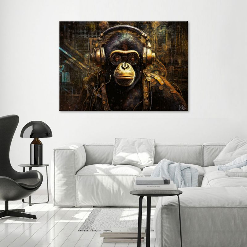 Obraz do salonu sypialni Feeby Szympans w słuchawkach 120x80 cm 1szt
