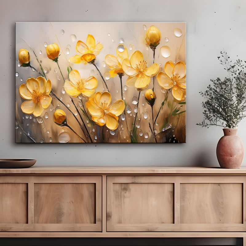 Obraz do salonu sypialni Feeby Żółte Kwiaty Rośliny Krople Rosy 90x60 cm 1 szt
