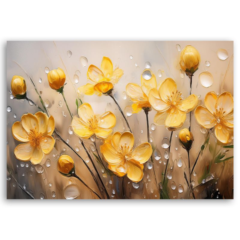 Obraz do salonu sypialni Feeby Żółte Kwiaty Rośliny Krople Rosy 90x60 cm 1 szt