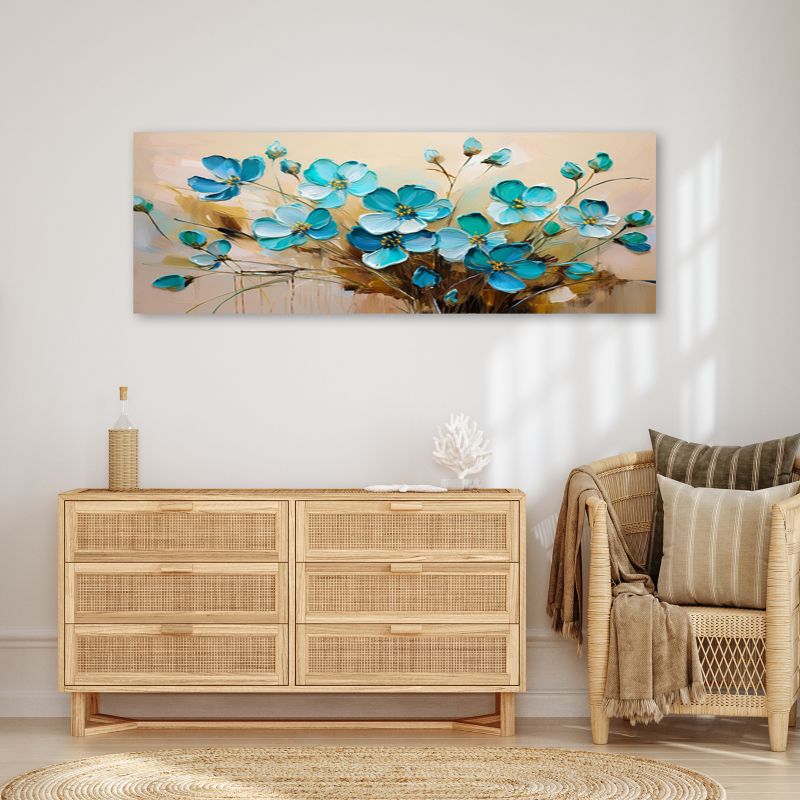 Obraz do salonu sypialni Feeby Turkusowe Kwiaty na beżowym tle 150x50 cm 1 szt