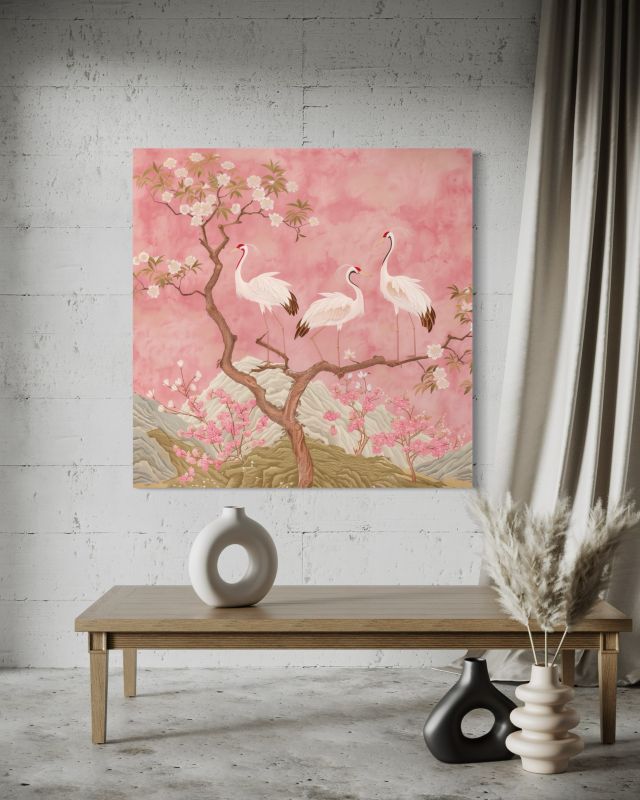 Obraz do salonu sypialni Feeby Żurawie Ptaki Krajobraz Różowy 40x40 cm 1szt