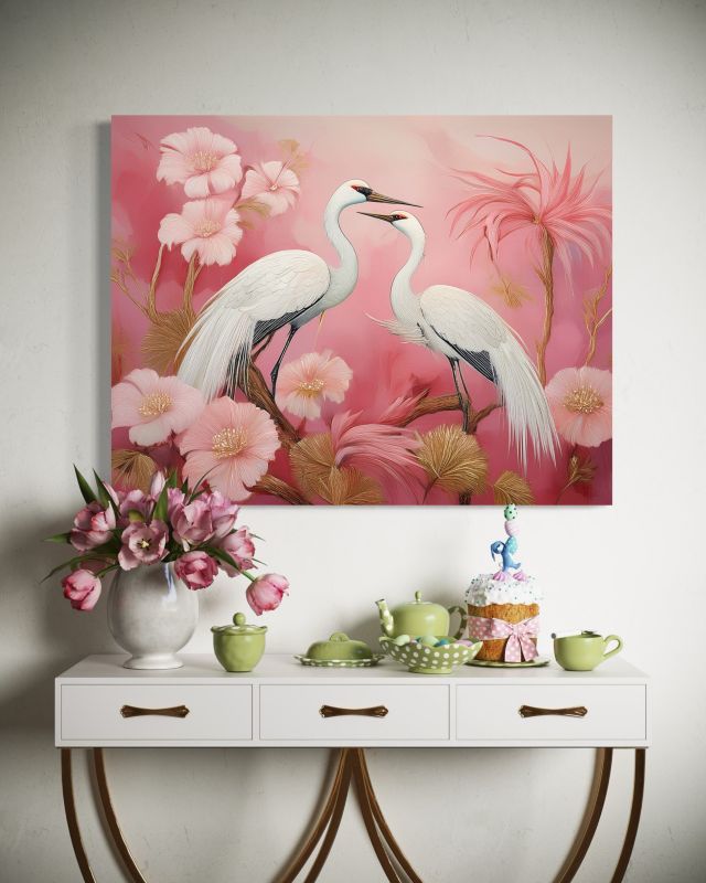 Obraz do salonu sypialni Feeby Żurawie Ptaki Kwiaty Różowy 100x70 cm 1szt