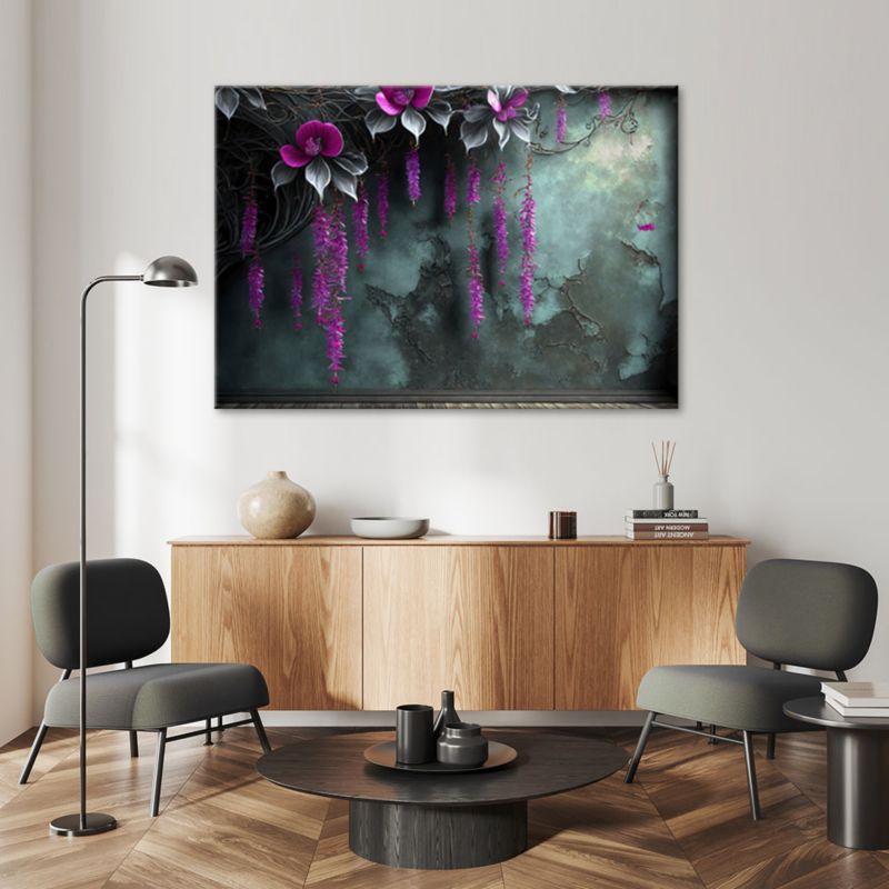 Obraz do salonu sypialni Feeby Wiszące Fioletowe Kwiaty Beton 120x80 cm 1szt