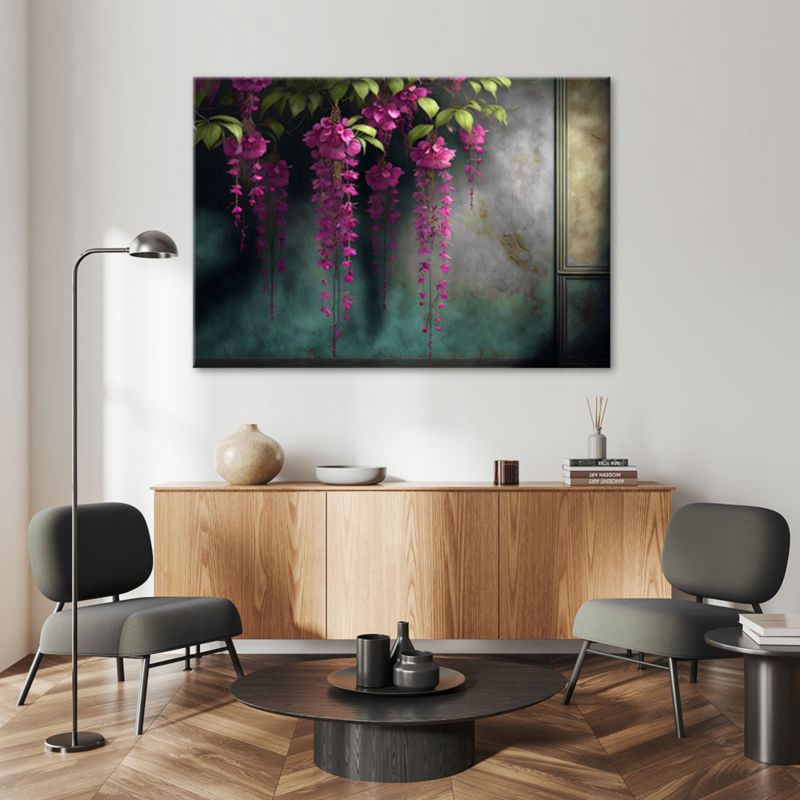 Obraz do salonu sypialni Feeby Wiszące Różowe Kwiaty Beton 60x40 cm 1szt