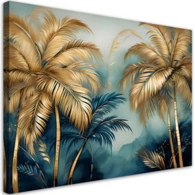 Obraz do salonu sypialni Feeby Złote Palmy na błękitnym tle 120x80 cm 1szt