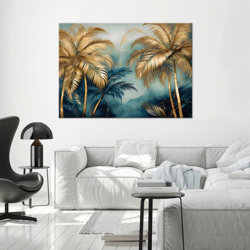 Obraz do salonu sypialni Feeby Złote Palmy na błękitnym tle 60x40 cm 1szt