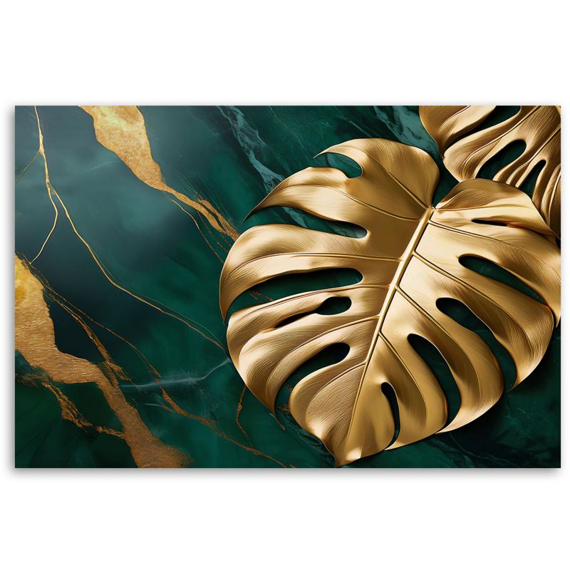 Obraz do salonu sypialni Feeby Złoty Liść Monstery Zielony Marmur 60x40 cm 1szt