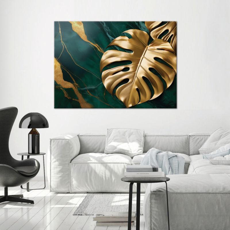 Obraz do salonu sypialni Feeby Złoty Liść Monstery Zielony Marmur 90x60 cm 1szt