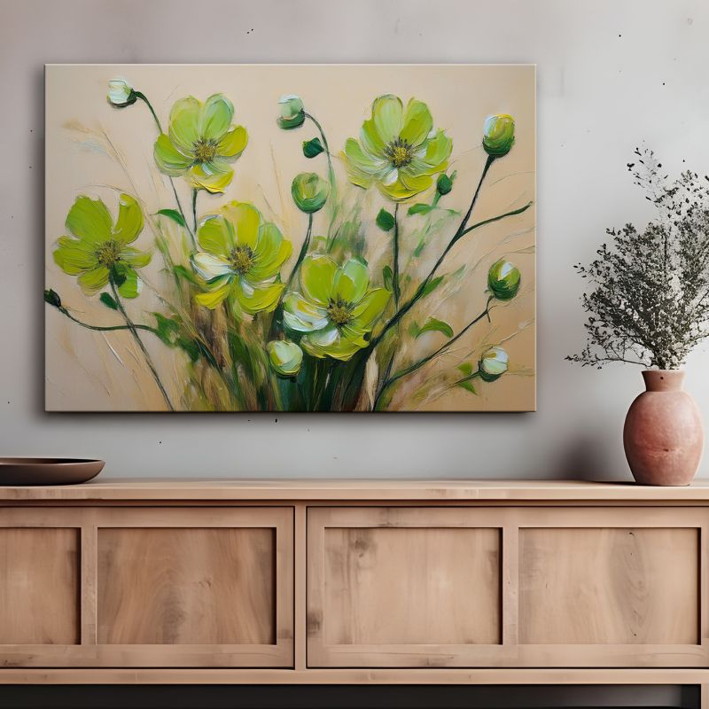 Obraz do salonu sypialni Feeby Zielone Kwiaty na beżowym tle 120x80 cm 1 szt