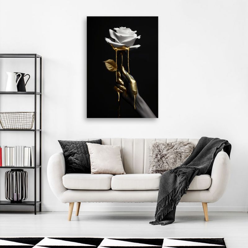 Obraz do salonu sypialni nowoczesny Feeby Biała Róża w złocie 70x100cm 1szt