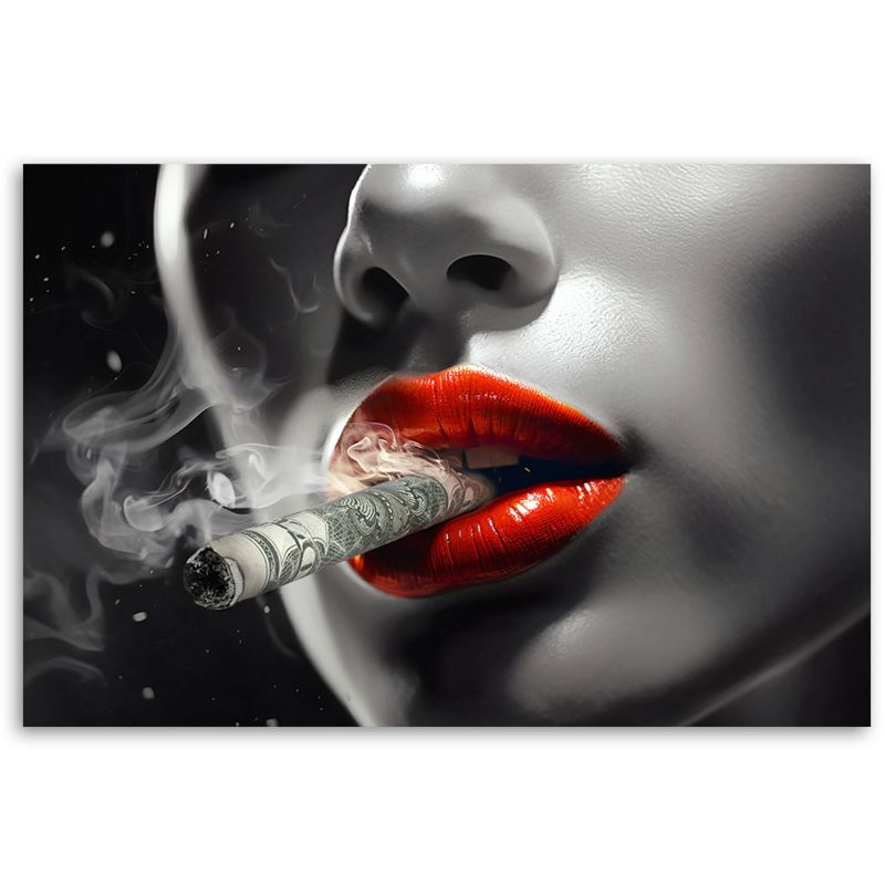 Obraz do salonu sypialni nowoczesny Feeby Kobieta Czerwone Usta Dolary 100x70cm 1szt