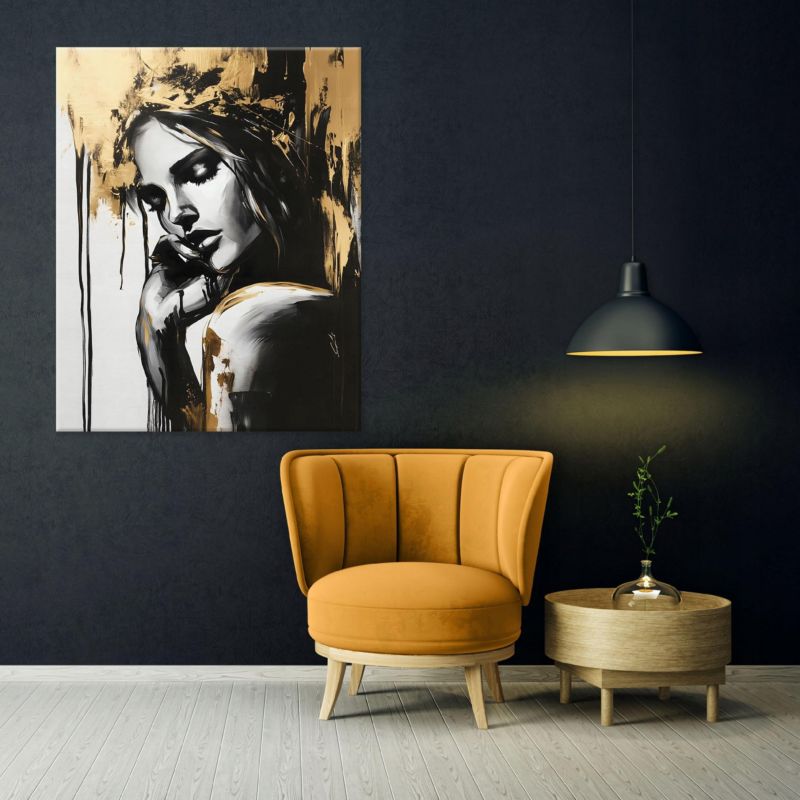Obraz Na Płótnie WALLARENA 120X80 cm Do Salonu Sypialni Kuchni Abstrakcja Kobieta Czarny Złoto 1 szt.