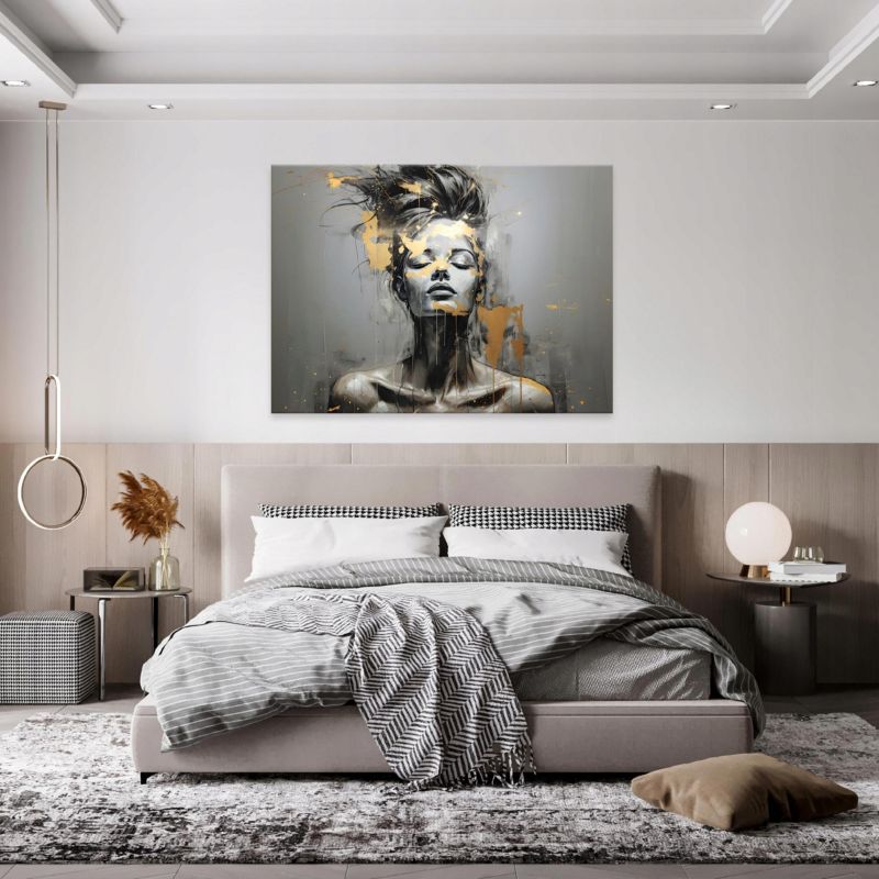 Obraz Na Płótnie WALLARENA 120x80 cm Do Salonu Sypialni Kuchni Abstrakcja Kobieta Szary Złoty 1 szt.