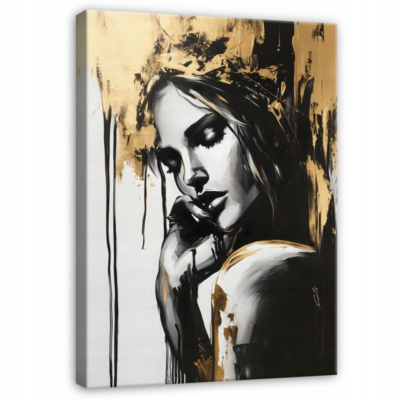 Obraz Na Płótnie WALLARENA 60X40 cm Do Salonu Sypialni Kuchni Abstrakcja Kobieta Czarny Złoto 1 szt.