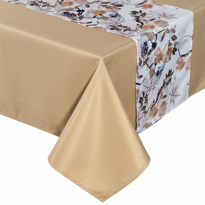 Obrus ANITA 5 Eurofirany 140 x 220 cm z bieżnikiem 33 x 220 cm złoty zdobiony wzorem liści 1 szt.