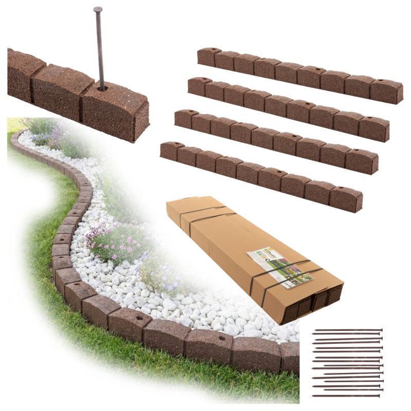 Obrzeże trawnikowe ogrodowe 4,8m zestaw 4 sztuki 120x7x8 cm Roman Stone z zestawem montażowym 4x4 szpilki kolor brązowy