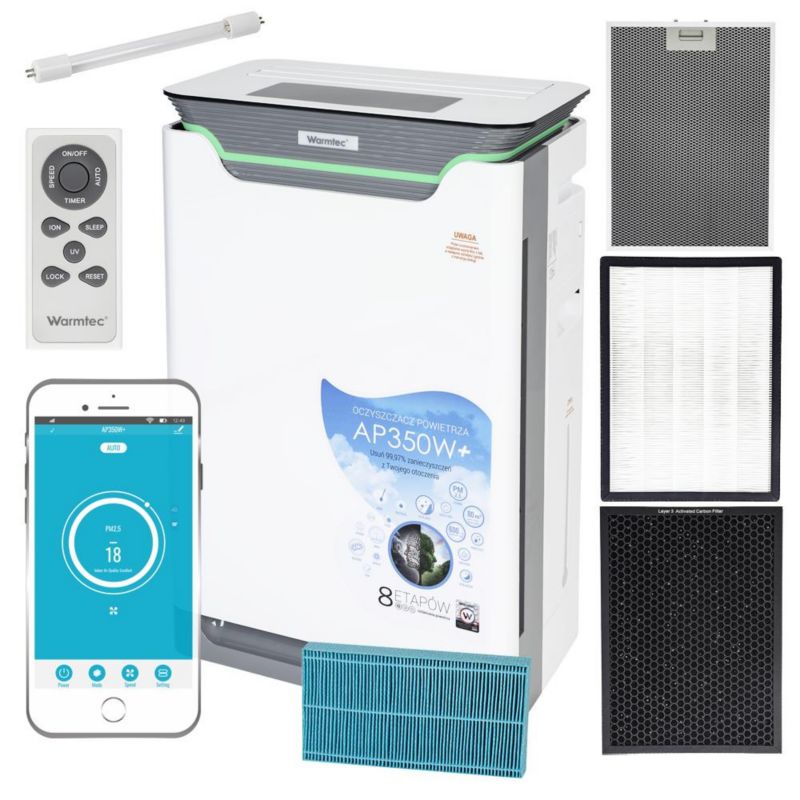 Oczyszczacz powietrza Warmtec dla alergików do 80m² 8 etapowy WiFi lampa UV AP350W+ 1szt.