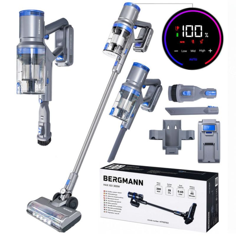 Odkurzacz Bergmann HAX 103 bezprzewodowy pionowy technologia cyklonowa filtr HEPA 3 poziomy regulacji mocy ssania 300W 1 szt.