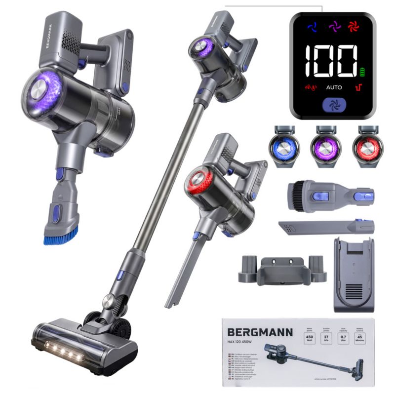 Odkurzacz Bergmann HAX 125 bezprzewodowy pionowy technologia cyklonowa filtr HEPA elektroszczotka LED 450W 1 szt.
