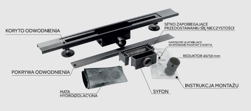Odpływ liniowy klasyczny ze spadkiem 80 cm stal nierdzewna chrom fi 50
