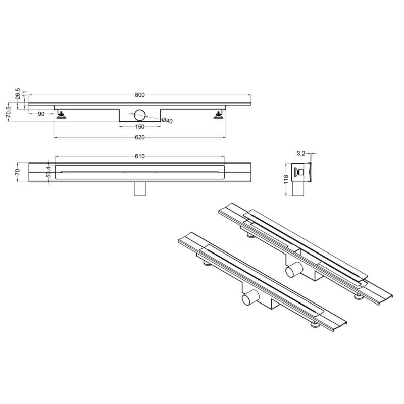 Odpływ liniowy klasyczny ze spadkiem 80 cm stal nierdzewna chrom fi 50