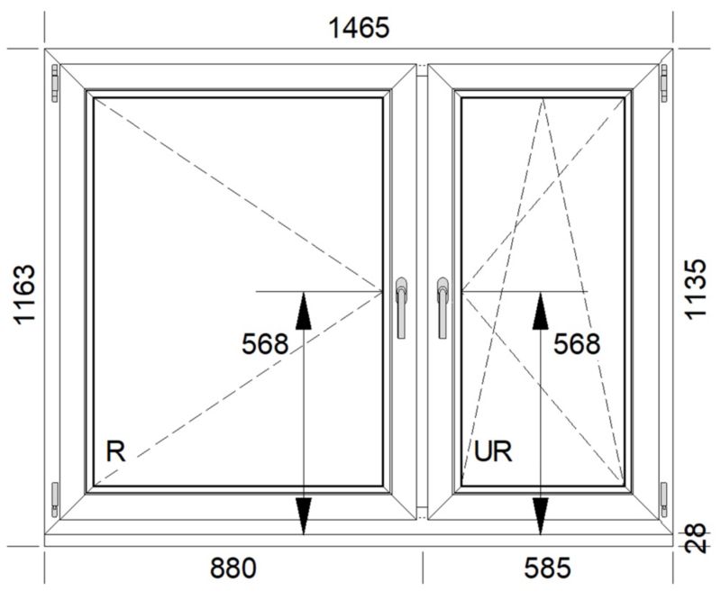 Okno PCV rozwierne + rozwierno-uchylne trzyszybowe 1465 x 1135 mm prawe białe