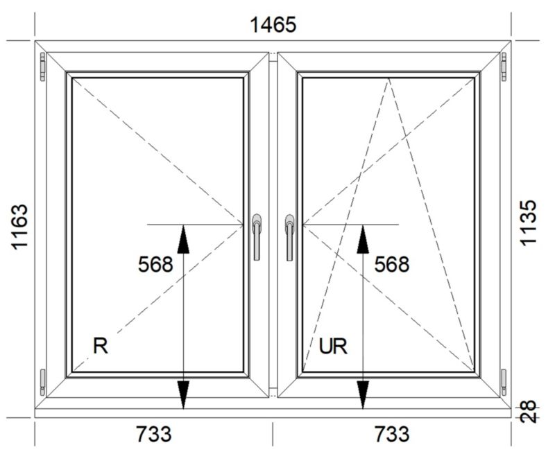 Okno PCV rozwierne + rozwierno-uchylne trzyszybowe 1465 x 1135 mm symetryczne białe