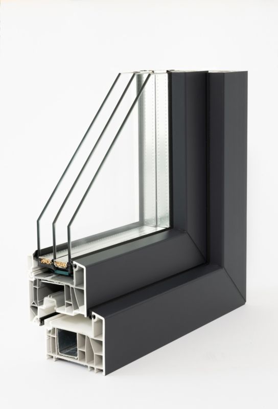 Okno PCV rozwierno-uchylne trzyszybowe 865 x 835 mm lewe antracyt