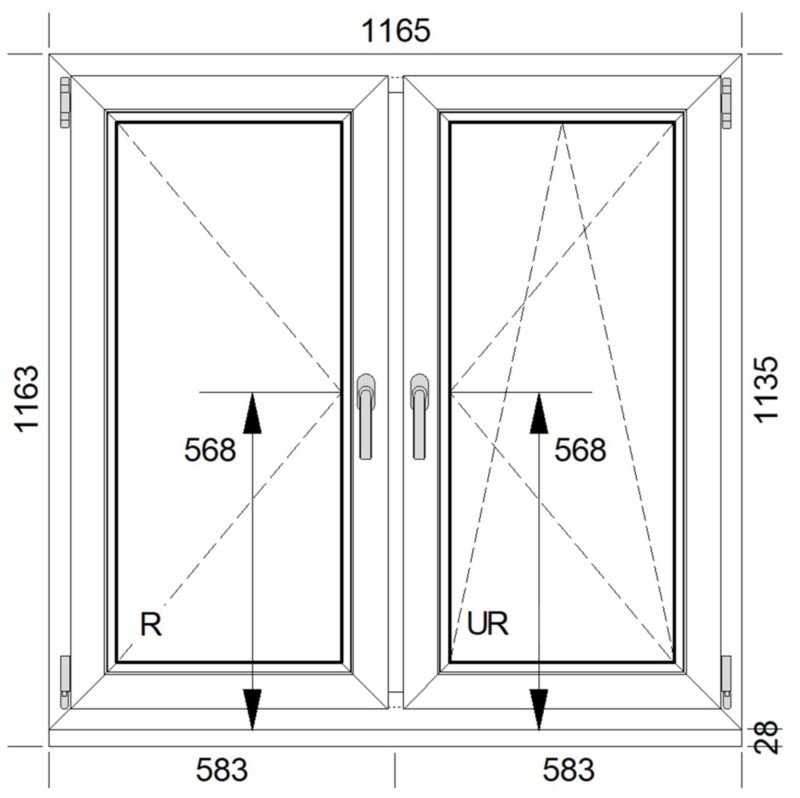 Okno PVC rozwierne + rozwierno-uchylne dwuszybowe 1165 x 1135 mm symetryczne białe