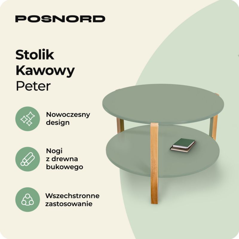 Okrągły Stolik Kawowy z Półką Dwupoziomowy POSNORD MDF 75x50 cm, Bukowe Nogi Oliwkowy 1szt.
