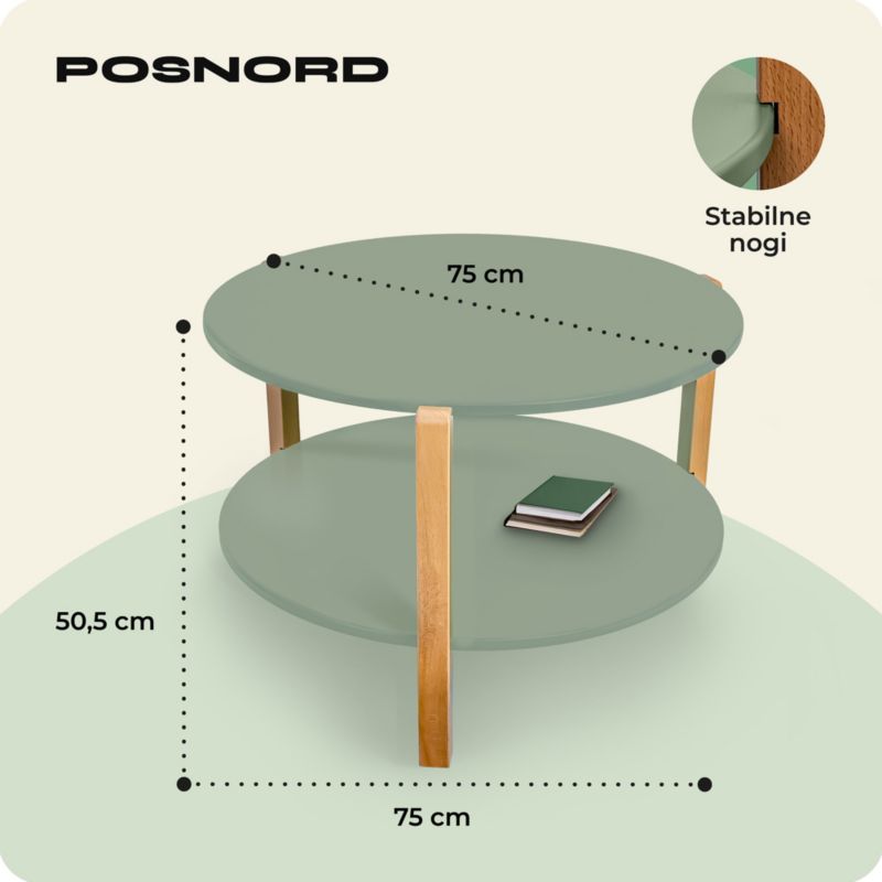 Okrągły Stolik Kawowy z Półką Dwupoziomowy POSNORD MDF 75x50 cm, Bukowe Nogi Oliwkowy 1szt.
