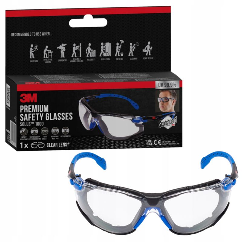 Okulary ochronne 3M™ Solus™ 1000 niebiesko-czarne powłoka Scotchgard™ Protector uszczelka piankowa przezroczyste soczewki 1 szt.