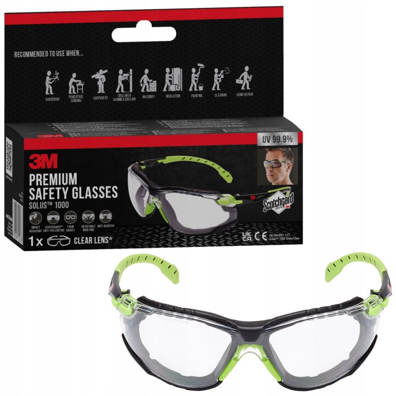 Okulary ochronne 3M™ Solus™ 1000 zielono-czarne powłoka Scotchgard™ Protector uszczelka piankowa przezroczyste soczewki 1 szt.