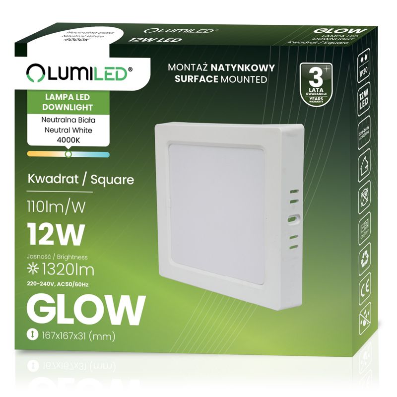 Oprawa Natynkowa Lumiled Lampa LED Sufitowa 12W Kwadrat 4000K Biała 1 szt.