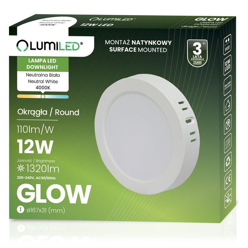 Oprawa Natynkowa Lumiled Lampa LED Sufitowa 12W Okrągła 4000K Biała 1 szt.