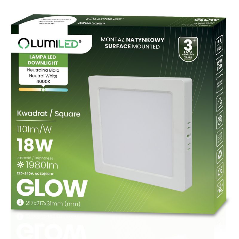 Oprawa Natynkowa Lumiled Lampa LED Sufitowa 18W Kwadrat 4000K Biała 1 szt.