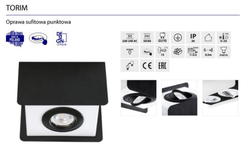 Oprawa sufitowa Kanlux Torim  czarno-biały  1 x GU10 x 35W IP20 wym: 17 x 12 cm - 1 szt.